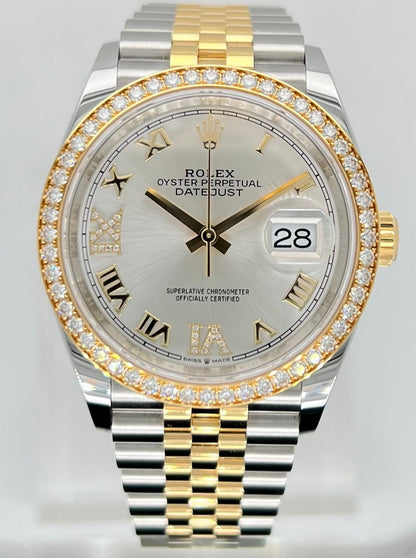 Rolex Datejust 36mm Jubilee Diamond Bezel Steel & 18k Yellow Gold Silver Diamond Roman VI XI Dial Model number:# 126283RBR