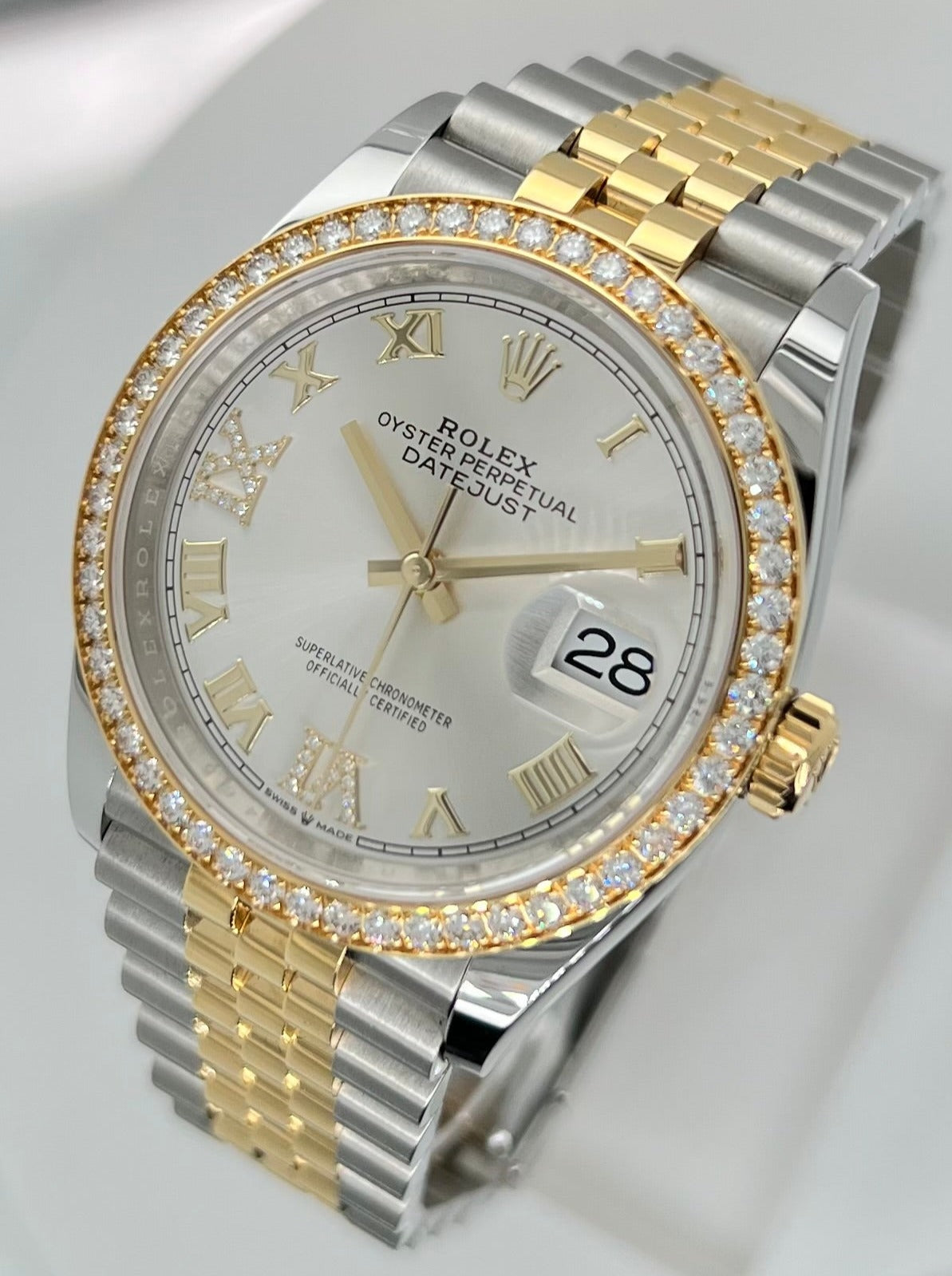 Rolex Datejust 36mm Jubilee Diamond Bezel Steel & 18k Yellow Gold Silver Diamond Roman VI XI Dial Model number:# 126283RBR