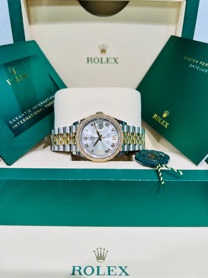 Rolex Datejust 36mm Jubilee Diamond Bezel Steel & 18k Yellow Gold Silver Diamond Roman VI XI Dial Model number:# 126283RBR