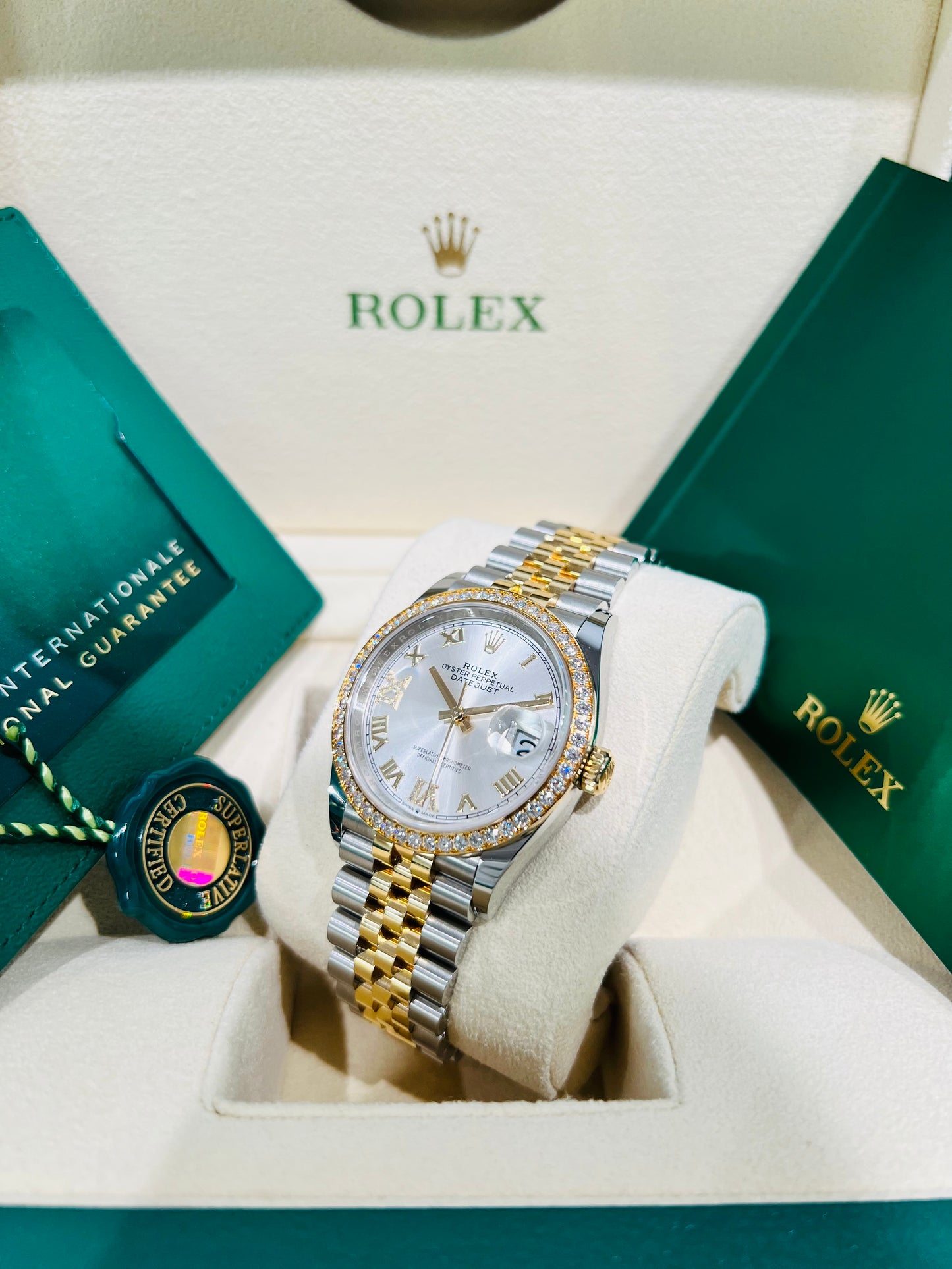 Rolex Datejust 36mm Jubilee Diamond Bezel Steel & 18k Yellow Gold Silver Diamond Roman VI XI Dial Model number:# 126283RBR