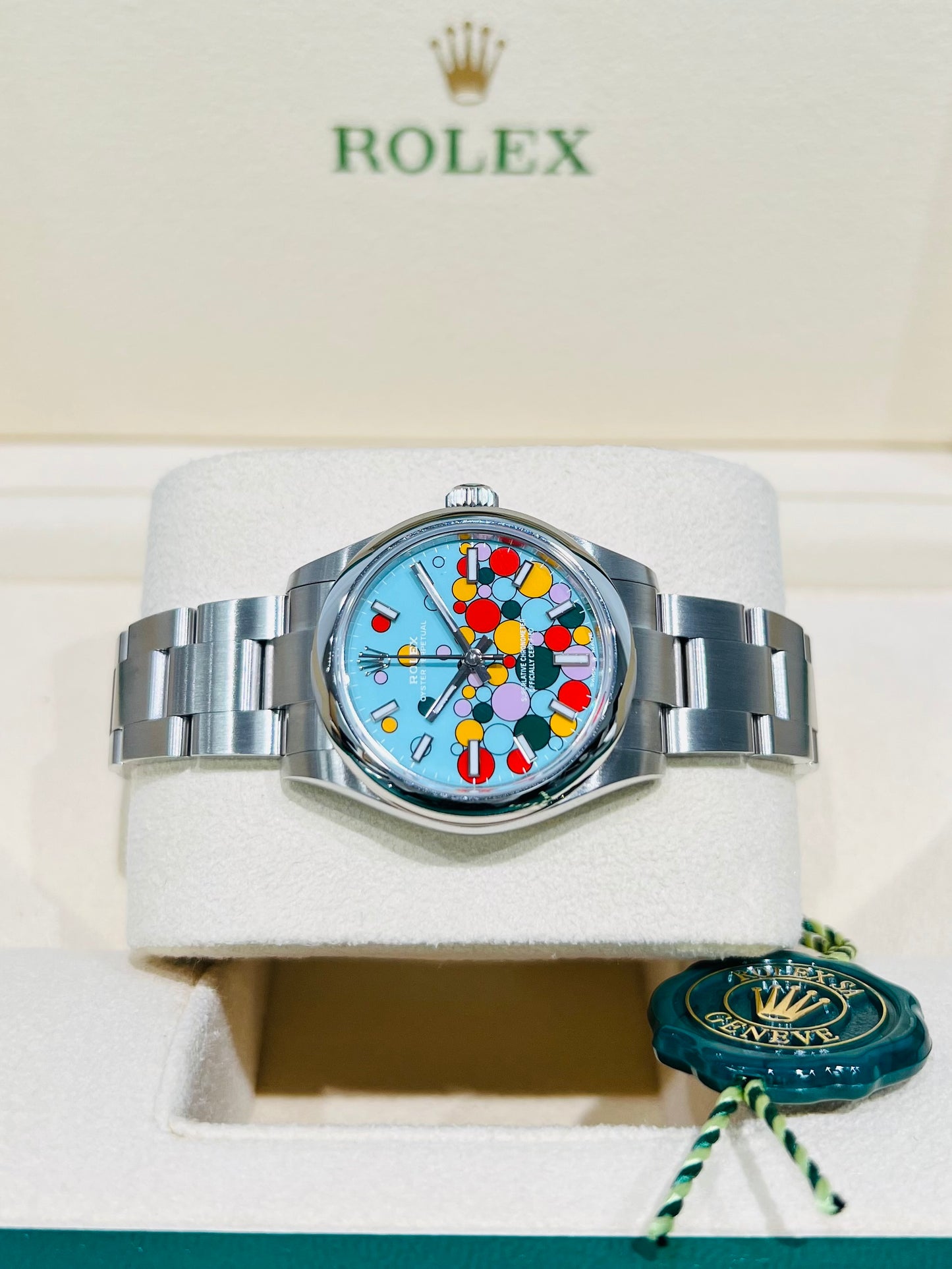 Rolex Women's Watch Oyster Perpetual 31 mm Turquoise Blue Dial Watch. Oyster Bracelet, Oystersteel Watch. Celebration Motif Dial.  Model # 277200