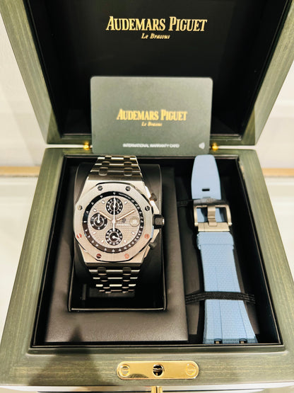 Audemars Piquet Royal Oak Offshore Titanium Men’s Watch. Titanium octagonal case 42mm. Blue rubber pusher and crown Model #26238TI.OO.2000TI.01