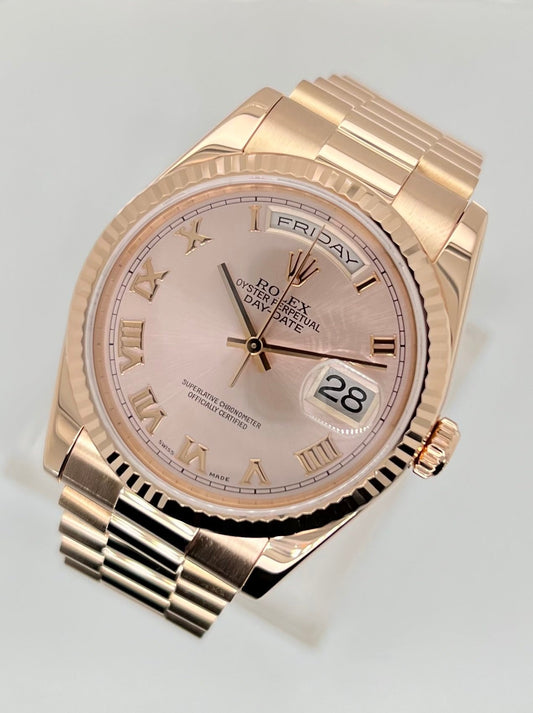 Rolex Day-Date 36mm Pink Roman Numeral Dial Rose Gold Watch Model #118235