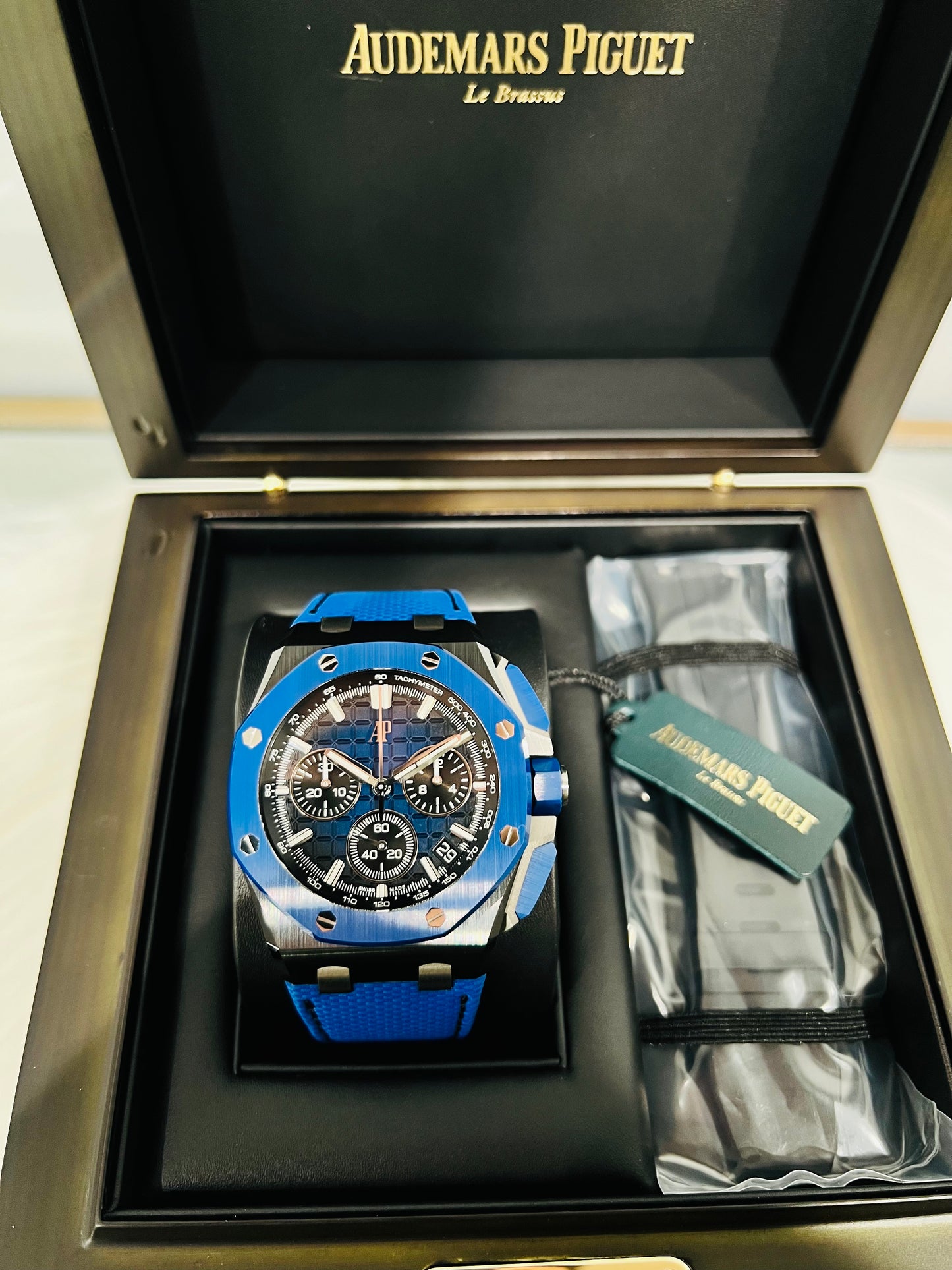 Audemars Piquet Royal Oak Offshore Chronograph 43mm Black Ceramic Case and Blue Bezel Model # 26420CE.OO.A043VE.01