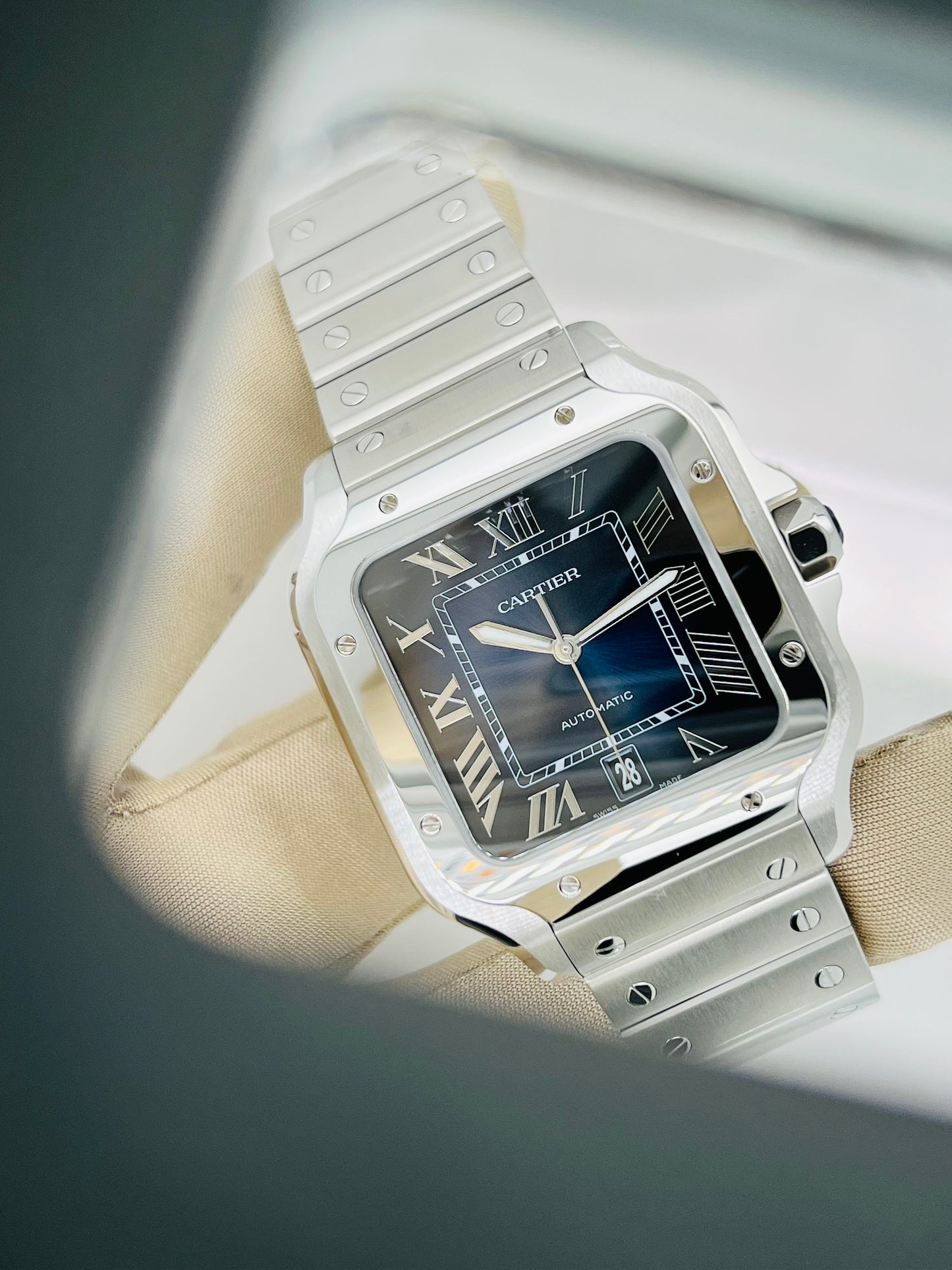 Santos De Cartier Watch WSSA0030 Blue Roman Numerals Dial Model # WSSA0030