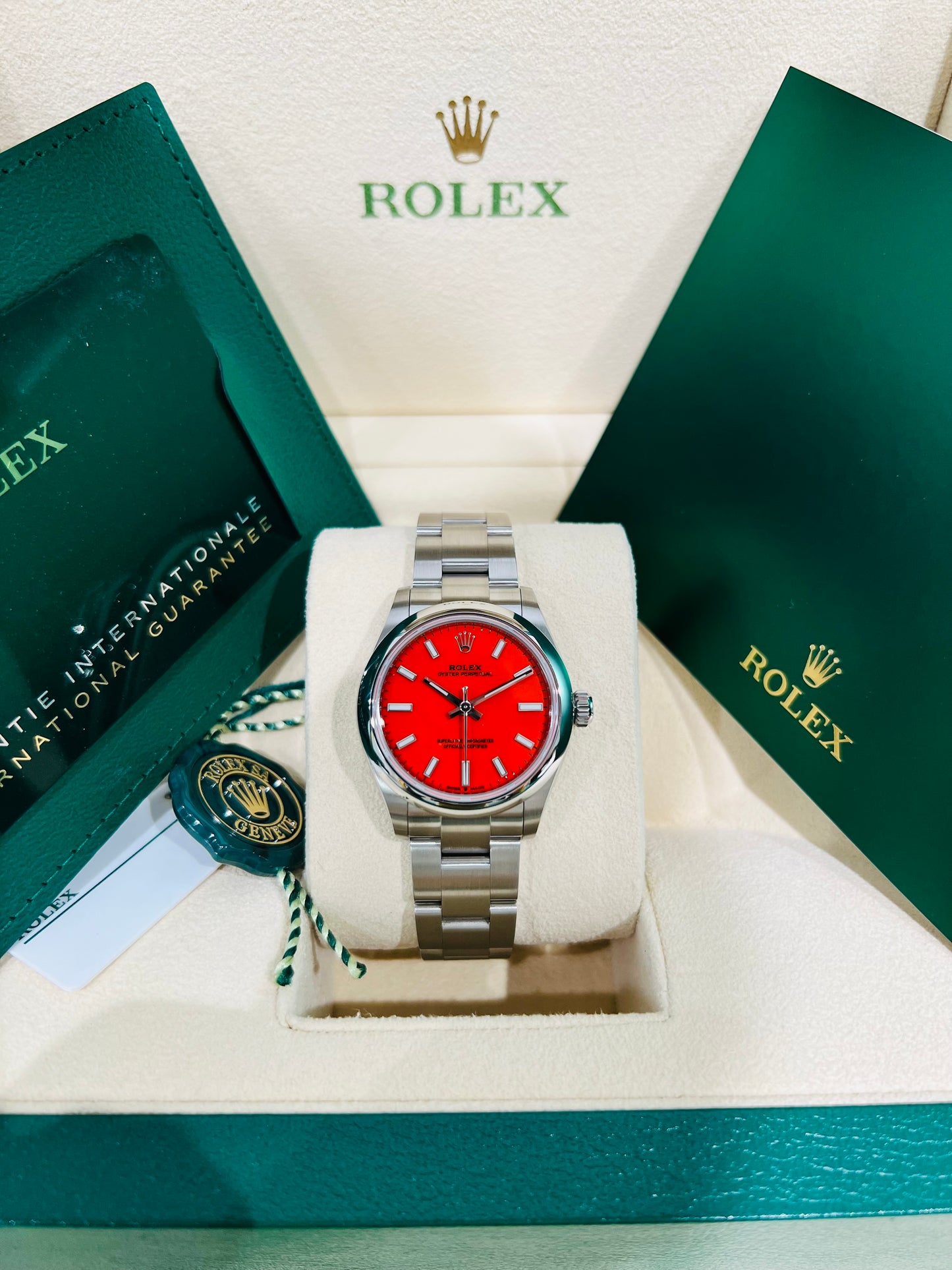 Rolex Oyster Perpetual 31mm Coral Red Dial Women's Luxury Watch Model # 277200