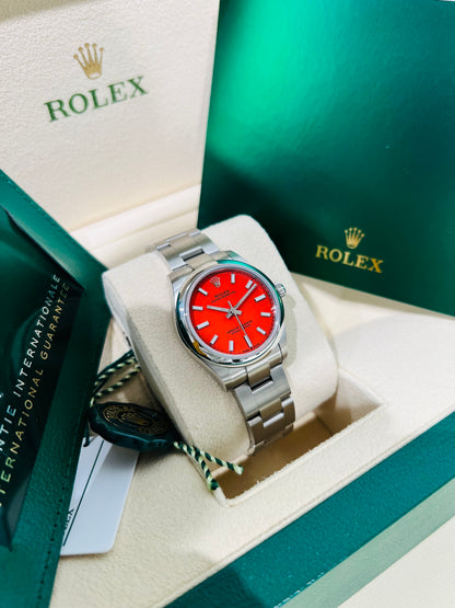 Rolex Oyster Perpetual 31mm Coral Red Dial Women's Luxury Watch Model # 277200