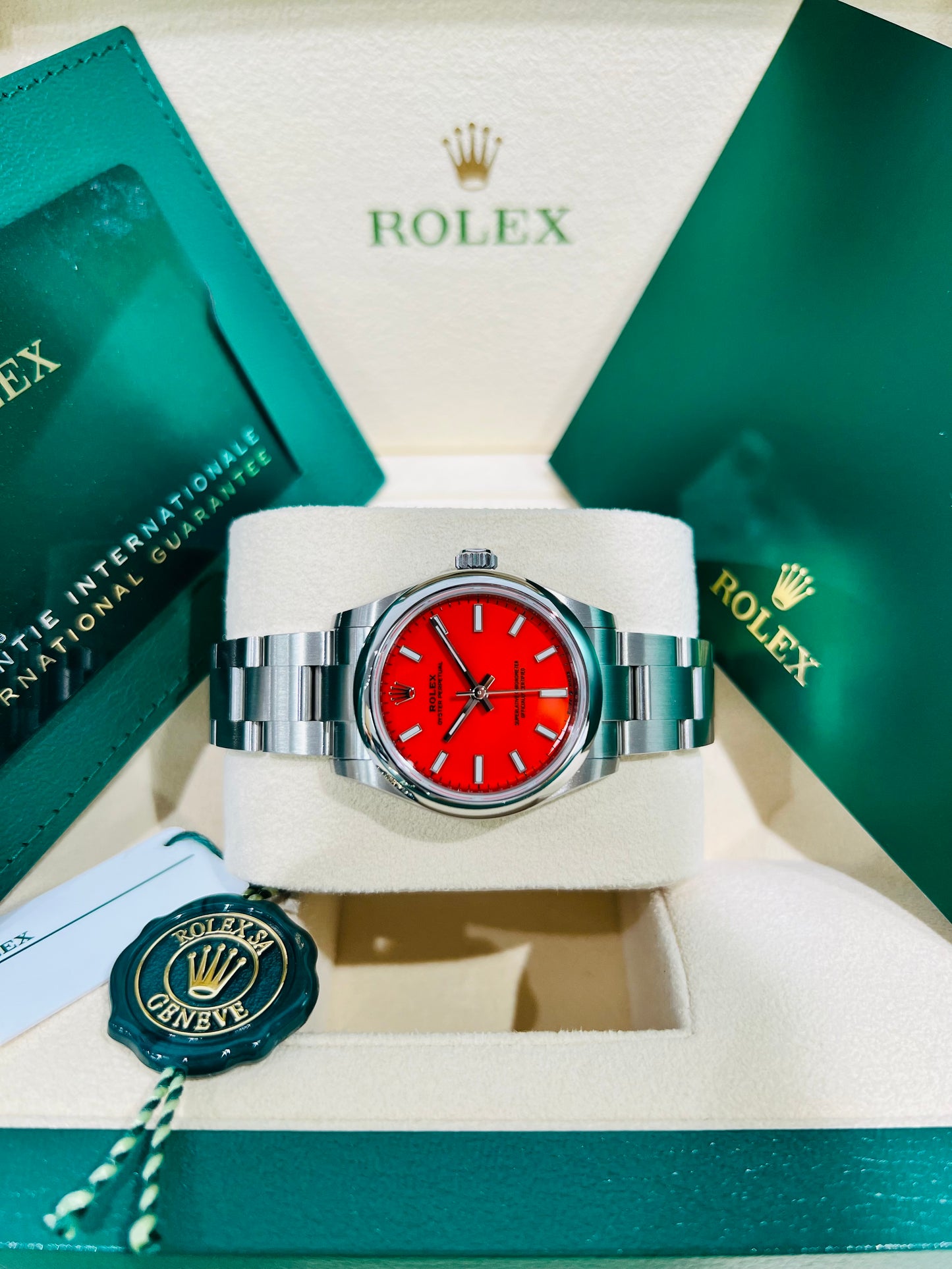 Rolex Oyster Perpetual 31mm Coral Red Dial Women's Luxury Watch Model # 277200