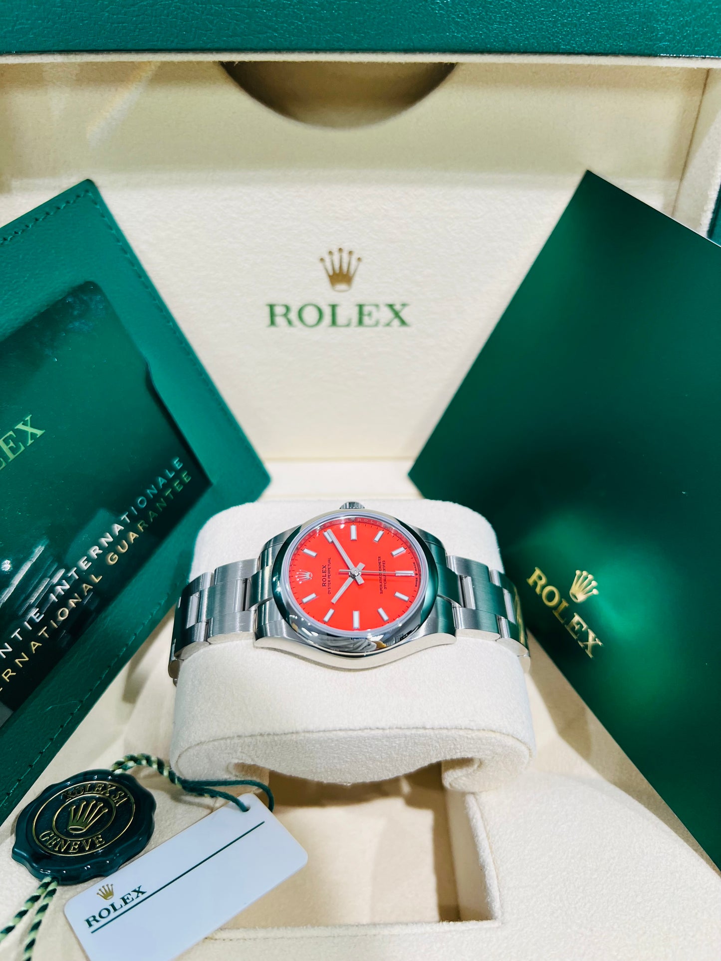 Rolex Oyster Perpetual 31mm Coral Red Dial Women's Luxury Watch Model # 277200