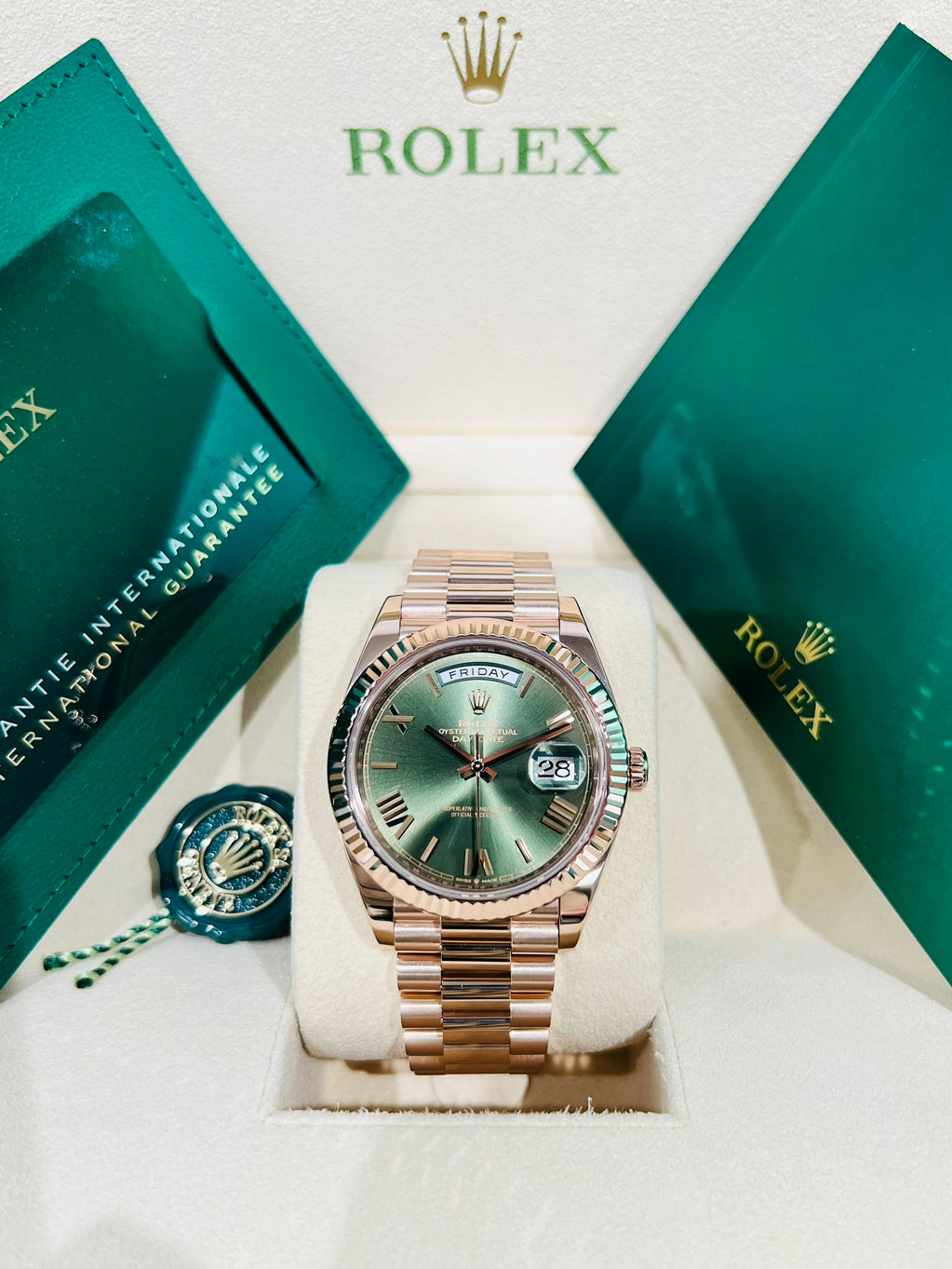 Rolex Day-Date 40mm Green Dial Rose Gold Watch Model # 228235