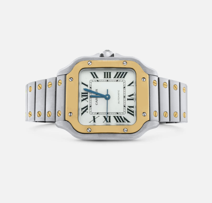 Cartier De Santos Medium Model Luxury Watch, Opaline Silver Dial, Roman Numerals, polished Solid 18k Yellow Gold Fixed Bezel, 35.1mm, Case, Stainless Steel Deployment Buckle.   Model # W2SA0016