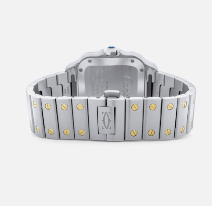 Cartier De Santos Medium Model Luxury Watch, Opaline Silver Dial, Roman Numerals, polished Solid 18k Yellow Gold Fixed Bezel, 35.1mm, Case, Stainless Steel Deployment Buckle.   Model # W2SA0016