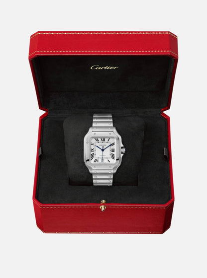 Cartier Santos De Cartier, Silver Dial, 39.8mm, Stainless Steel Bracelet, Sapphire Crystal, Stainless Steel Case, Fixed Bezel, Automatic Movement.  Model # WSSA0018