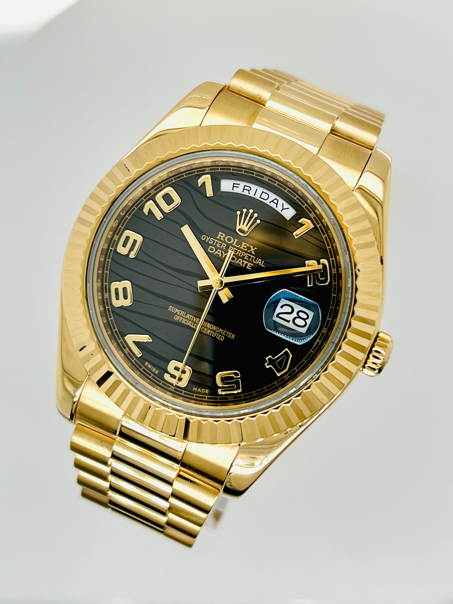 Rolex President Day-Date II, 41mm, 18k Yellow Gold, Black Wave Dial Model # 218238