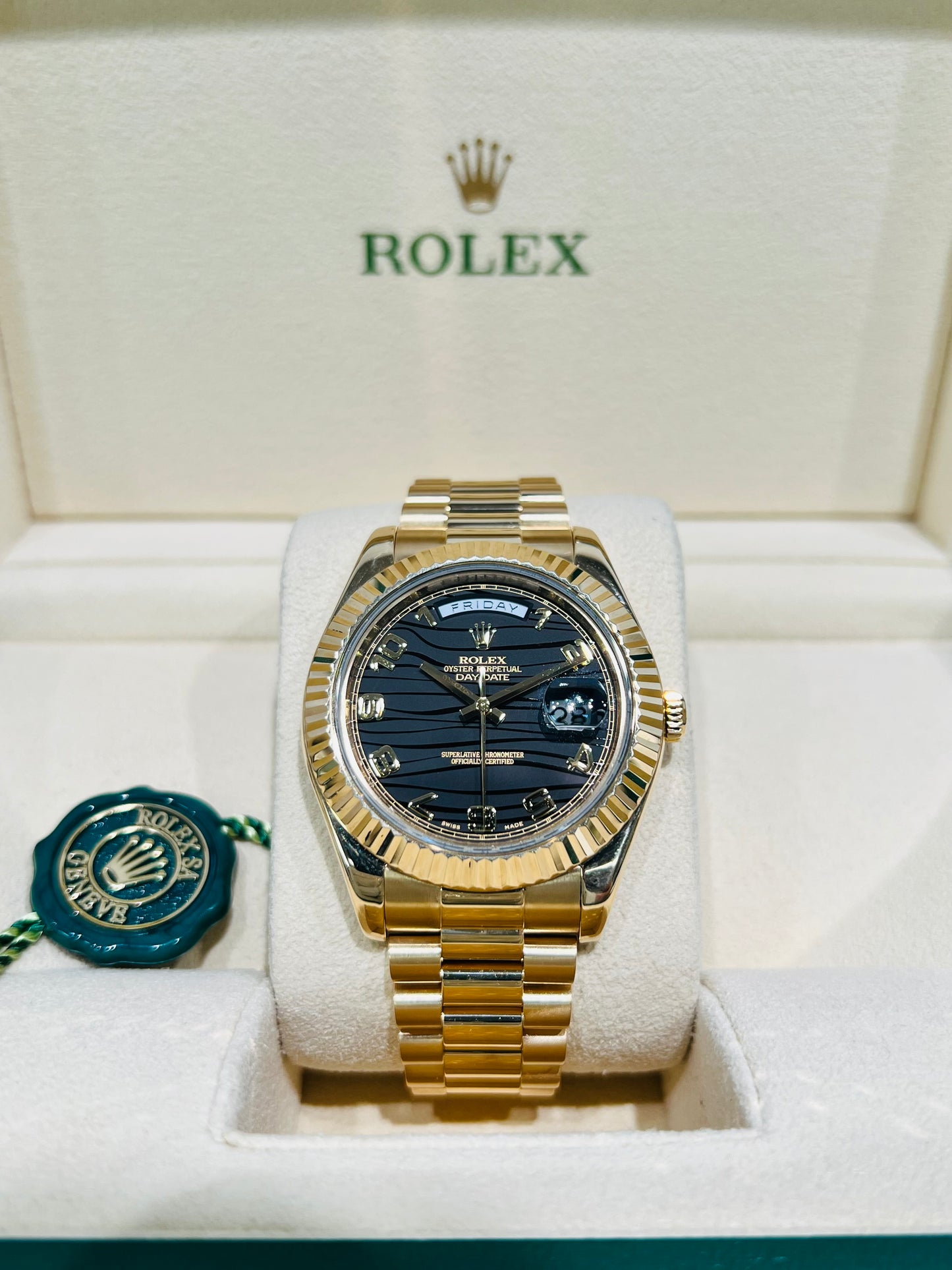 Rolex President Day-Date II, 41mm, 18k Yellow Gold, Black Wave Dial Model # 218238