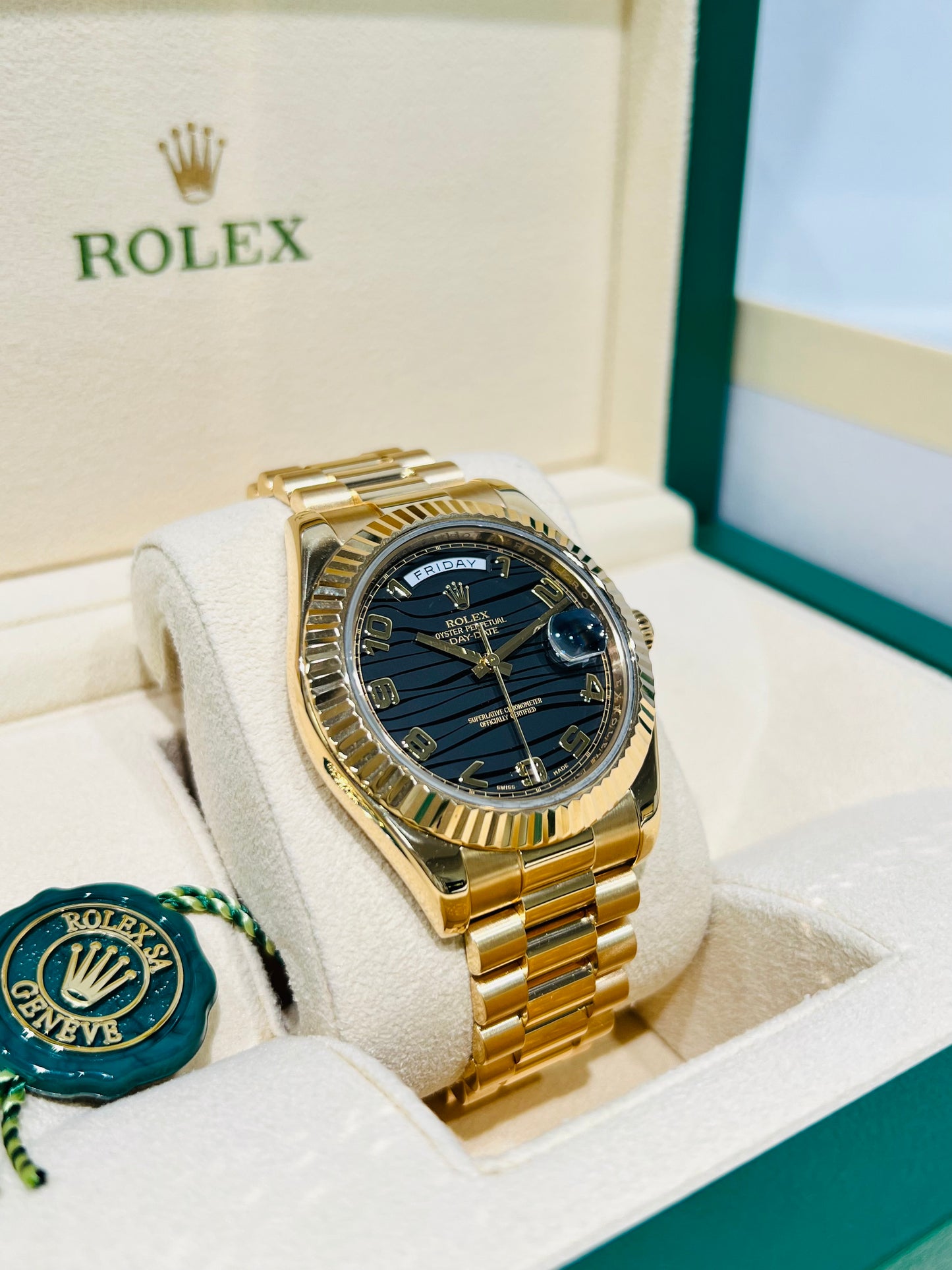 Rolex President Day-Date II, 41mm, 18k Yellow Gold, Black Wave Dial Model # 218238