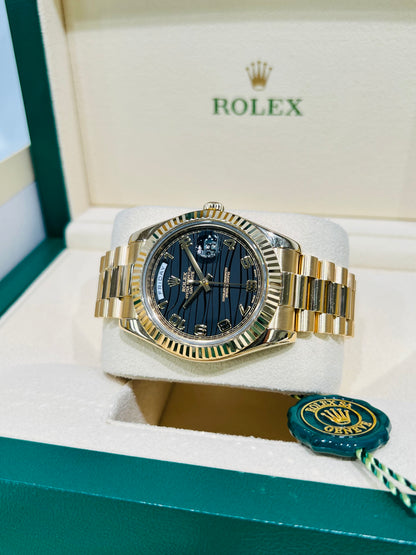 Rolex President Day-Date II, 41mm, 18k Yellow Gold, Black Wave Dial Model # 218238