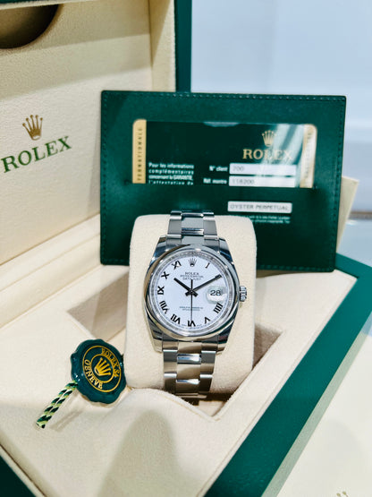 Rolex Datejust 36mm, White Dial Roman Numerals Watch Model #126200