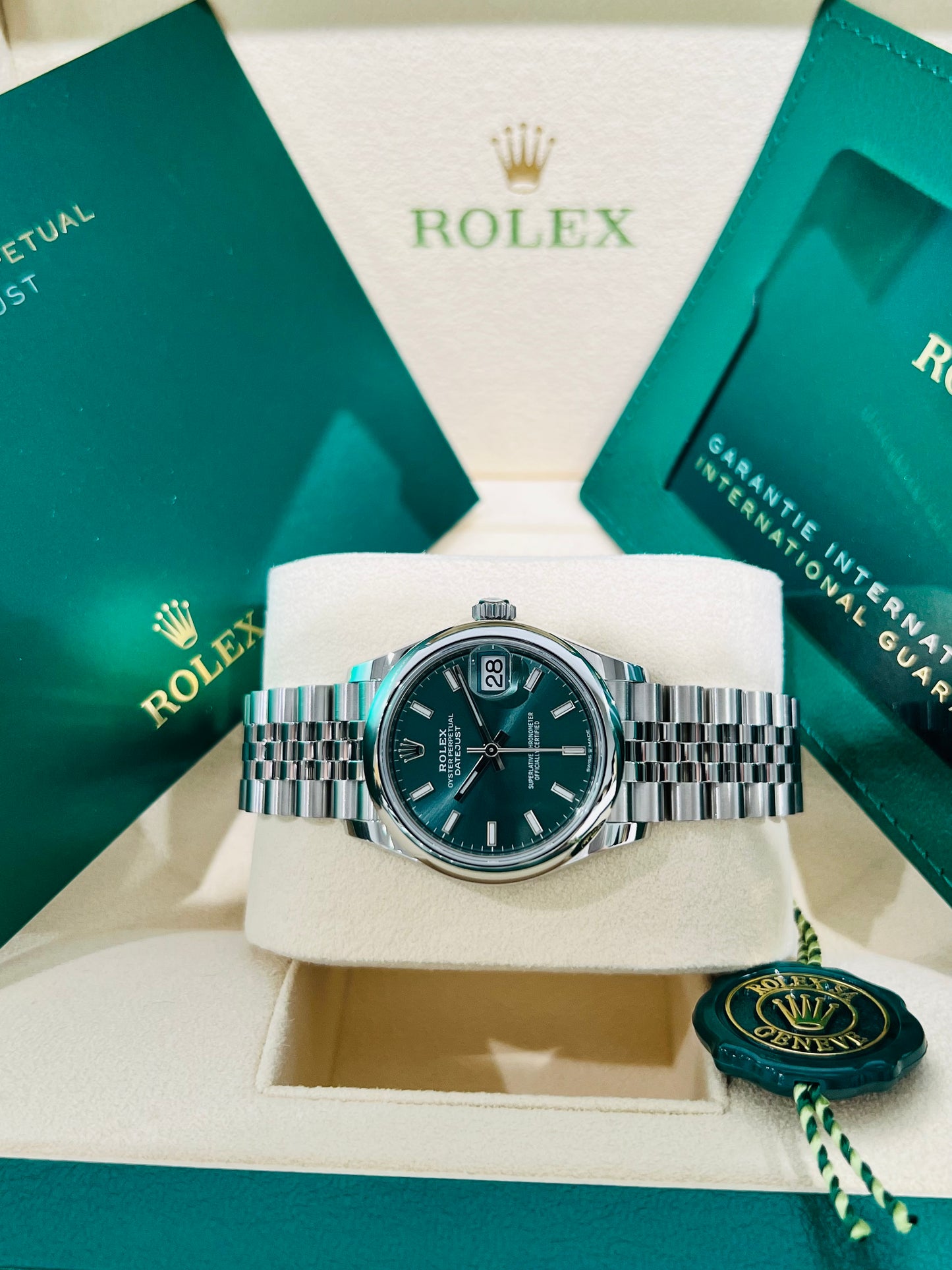 Rolex Lady Datejust Midsize, 31mm, Green Dial Stainless Steel Jubilee Bracelet.  Model # 278240