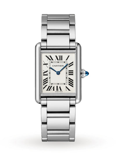 Cartier Tank Must Large, 33.7mm x 25.5mm, Stainless Steel Case, Silver Dial, Roman Numeral Hour Markers, Polished With Brushed Stainless Steel Bezel Women’s Watch. Model # WSTA0052