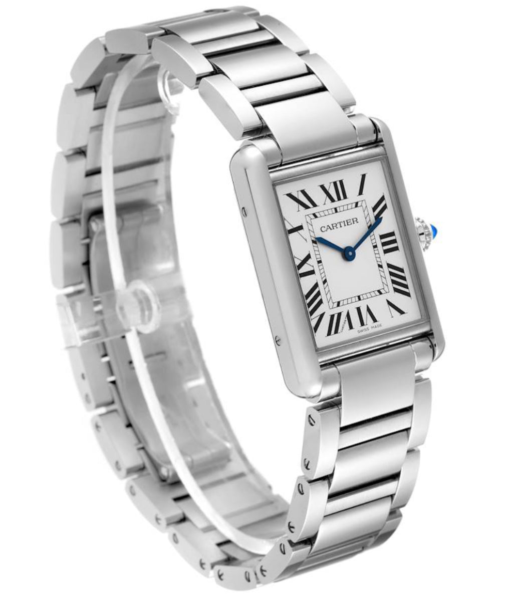 Cartier Tank Must Large, 33.7mm x 25.5mm, Stainless Steel Case, Silver Dial, Roman Numeral Hour Markers, Polished With Brushed Stainless Steel Bezel Women’s Watch. Model # WSTA0052