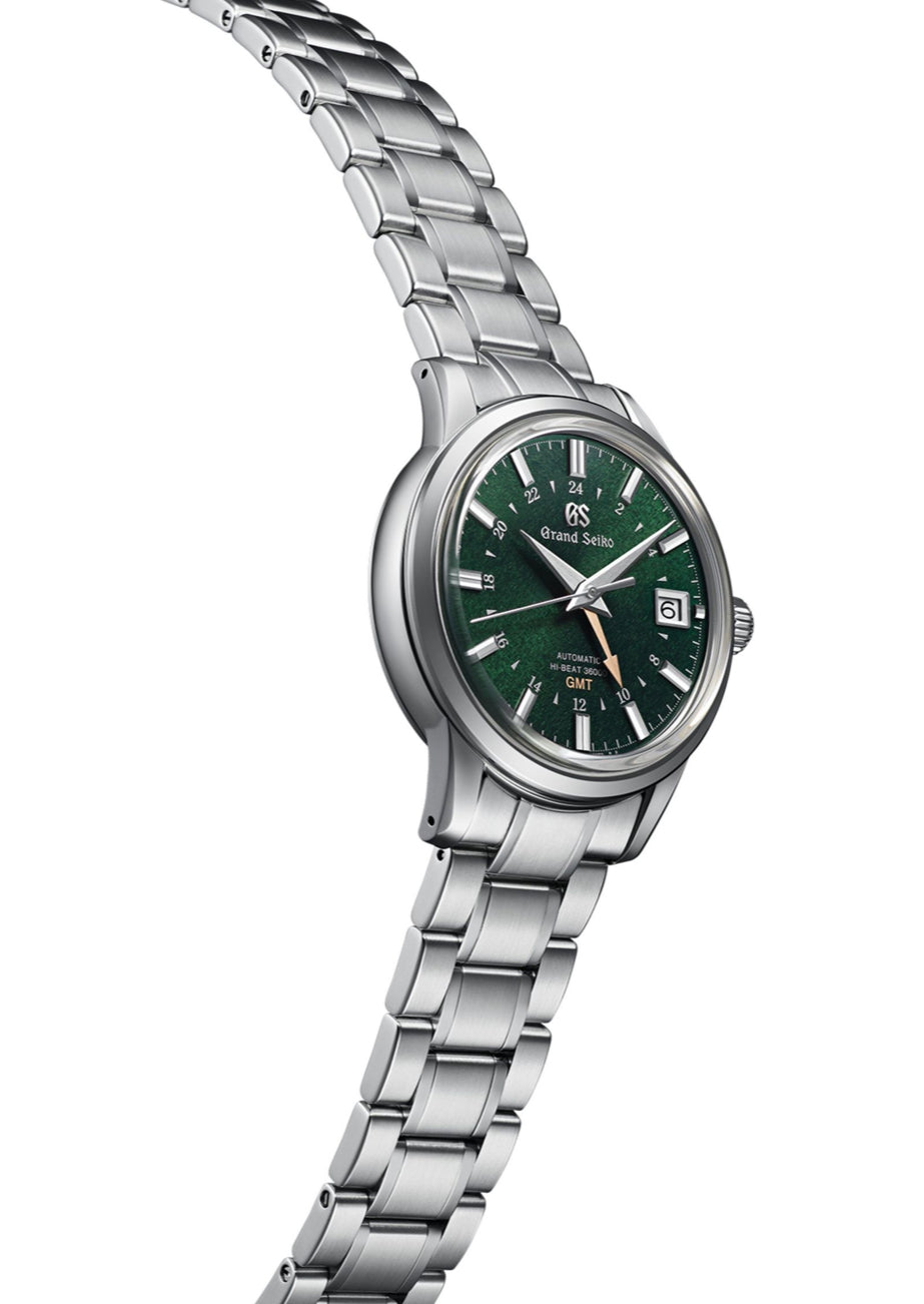 Grand Seiko Elegance Collection GMT, 39,5mm Case Diameter, Steel Bracelet, Steel Case , Automatic Movement, 55 h Power Reserve, Steel Bezel, Green Dial with Sapphire Crystal.   Model # SBGJ251G