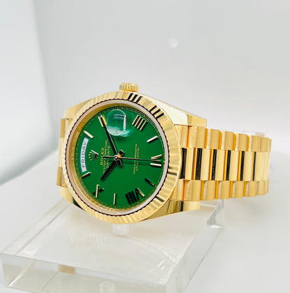 Rolex Day-Date, Green Roman Dial, Fluted Bezel, 18K Gold Presidential Bracelet.  Model # 228238