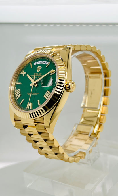 Rolex Day-Date, Green Roman Dial, Fluted Bezel, 18K Gold Presidential Bracelet.  Model # 228238