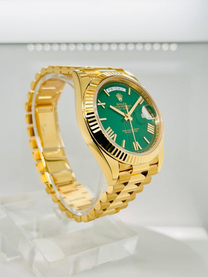 Rolex Day-Date, Green Roman Dial, Fluted Bezel, 18K Gold Presidential Bracelet.  Model # 228238