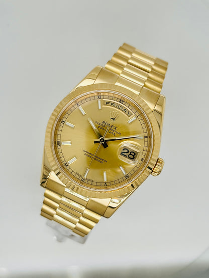 Rolex Day-Date 36mm, Yellow Gold champagne Dial, 18k Yellow Gold Presidential Bracelet Model #118238