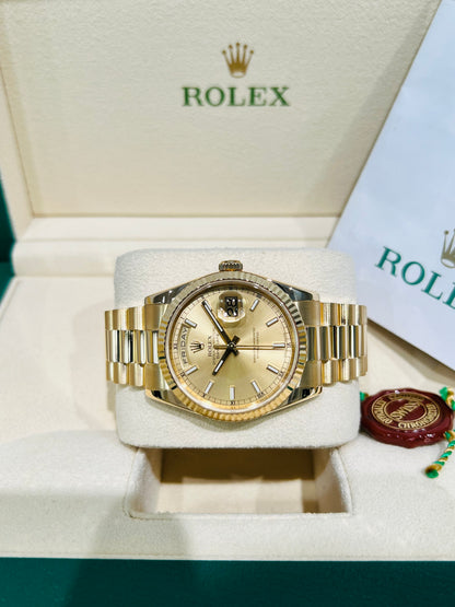 Rolex Day-Date 36mm, Yellow Gold champagne Dial, 18k Yellow Gold Presidential Bracelet Model #118238