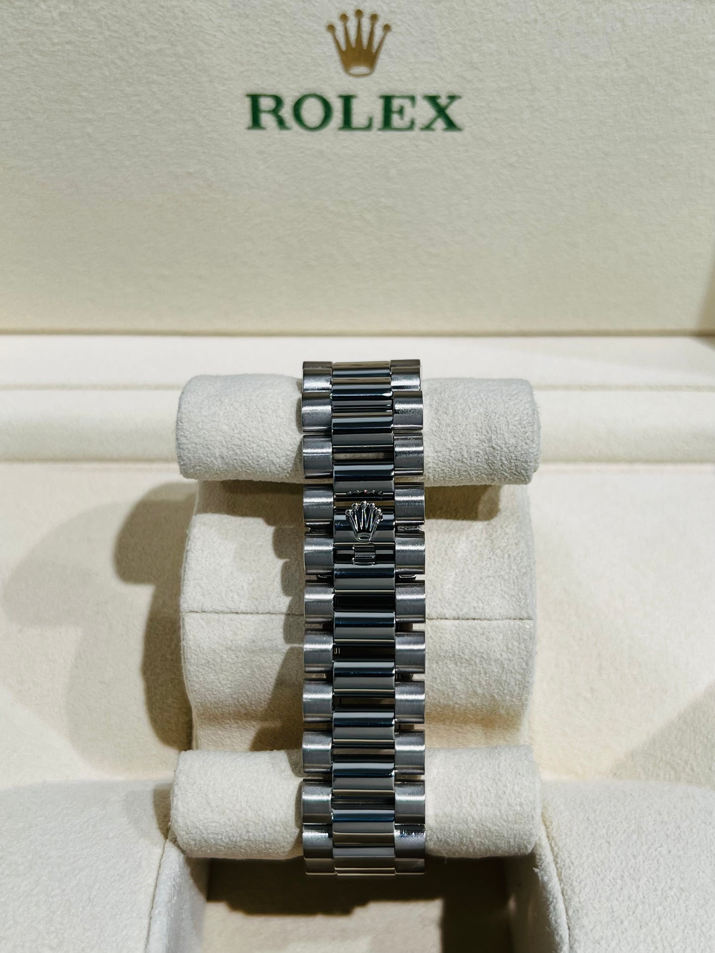 Rolex Day-Date 36mm, White Gold Silver Index Dial with Roman Indices, 18k White Gold Fluted Bezel, White Gold Case, 18k White Gold Presidential Bracelet. Model# 18239