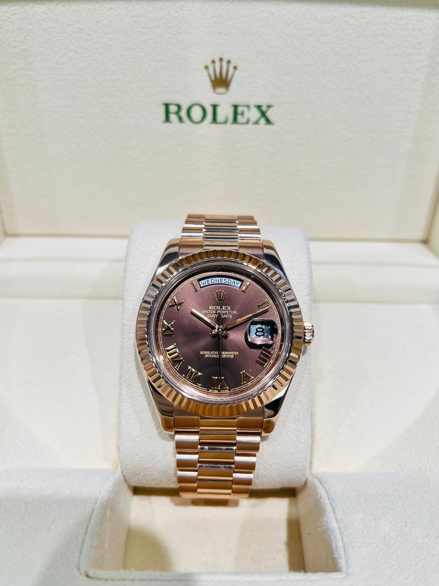 Rolex Day Date 41mm, Brown Roman Dial Men Watch Rose Gold 18K. Model #218235