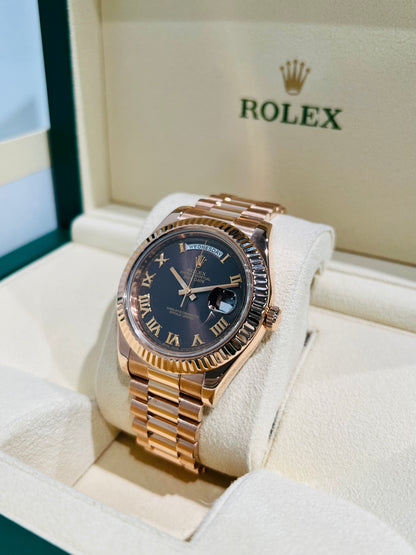 Rolex Day Date 41mm, Brown Roman Dial Men Watch Rose Gold 18K. Model #218235