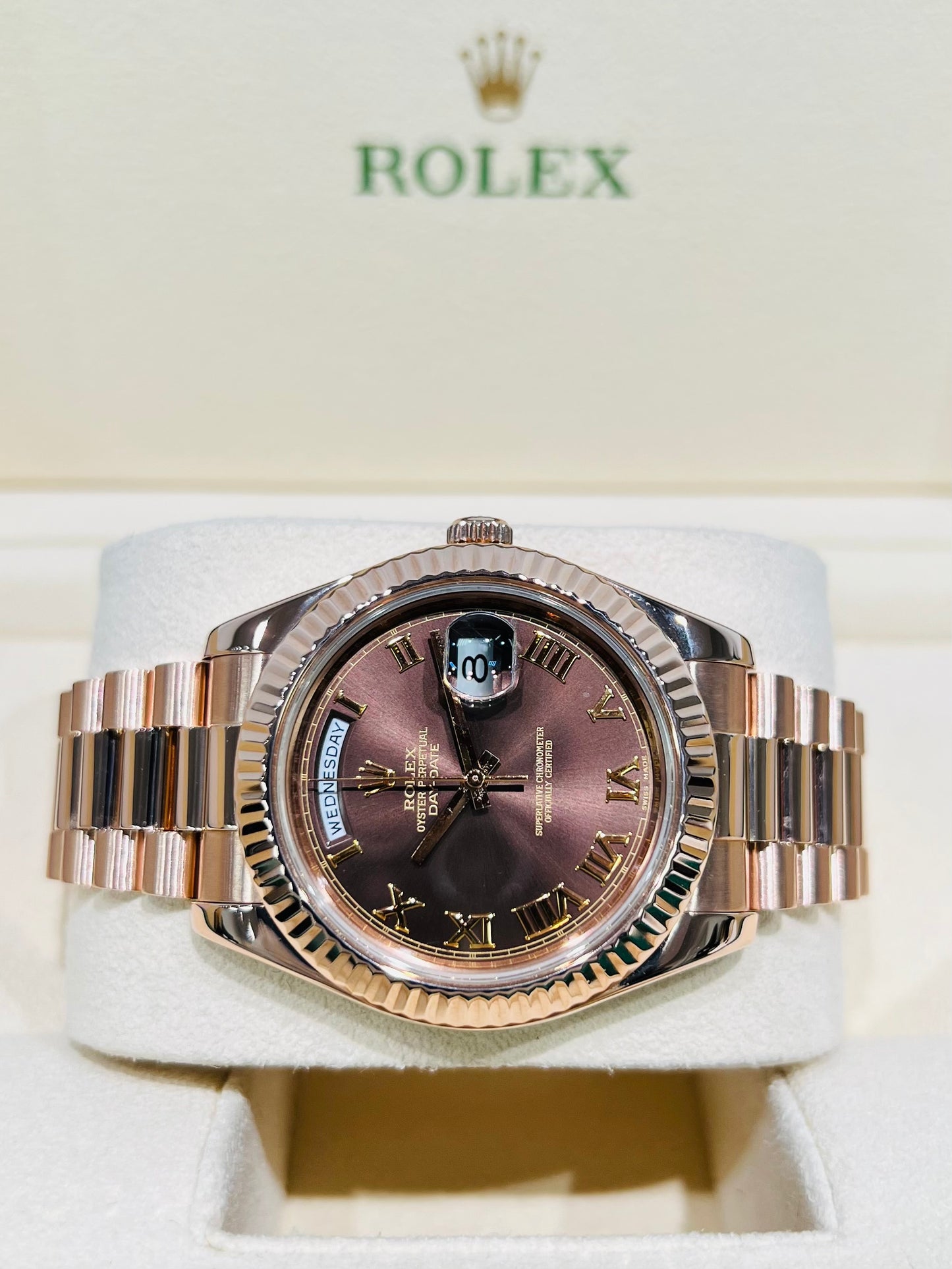 Rolex Day Date 41mm, Brown Roman Dial Men Watch Rose Gold 18K. Model #218235