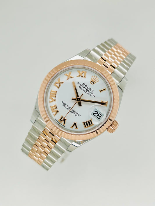 Rolex Lady-Datejust 28mm White Roman Numeral Dial Everose Gold Jubilee Watch Model #279171