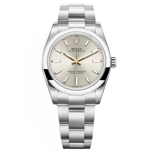 Rolex Oyster Perpetual 34mm Silver Dial Women's Luxury Watch Model # 124200