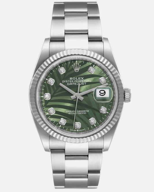Rolex Datejust 36mm Olive Green Palm Diamond Dial Oyster Bracelet Unisex Watch Model #126234