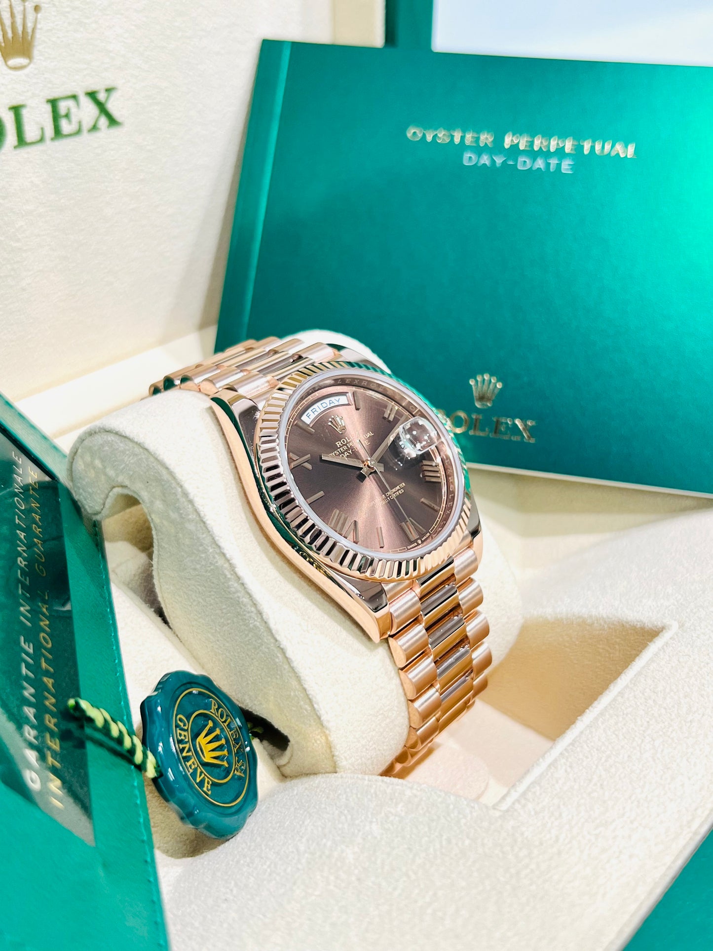 Rolex Day-Date 40mm Chocolate Roman Dial 18K Everose Gold Presidential Bracelet Men's Luxury Watch Model # 228235