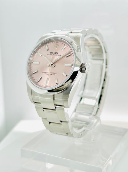 Rolex Oyster Perpetual 34mm Pink Dial Smooth Bezel Oystersteel Bracelet Women's Luxury Watch Model # 124200