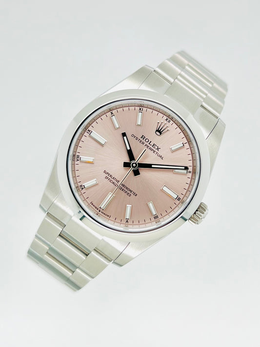Rolex Oyster Perpetual 34mm Pink Dial Domed Bezel Women's Watch Model #124200