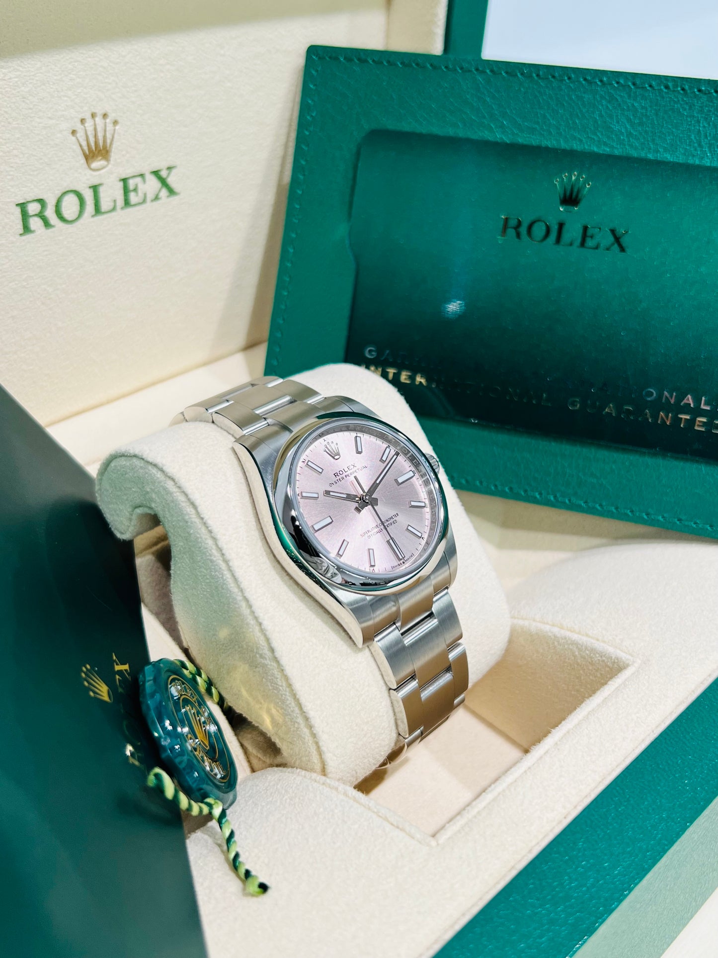 Rolex Oyster Perpetual 34mm Pink Dial Smooth Bezel Oystersteel Bracelet Women's Luxury Watch Model # 124200