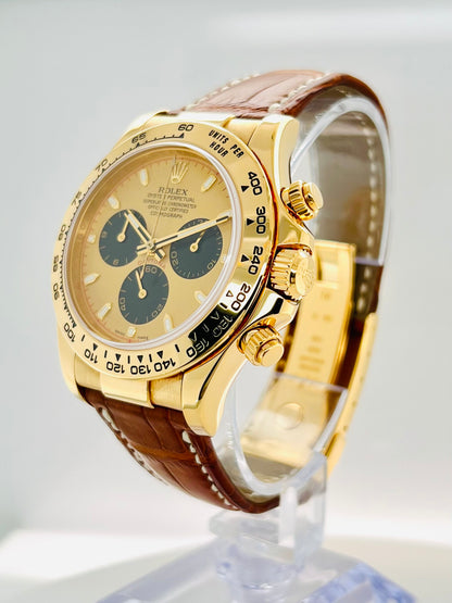 Rolex Cosmograph Daytona 40mm Yellow Dial Brown Leather Bracelet Yellow Gold Watch Model # 116518