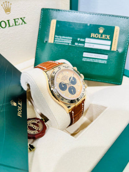Rolex Cosmograph Daytona 40mm Yellow Dial Brown Leather Bracelet Yellow Gold Watch Model # 116518