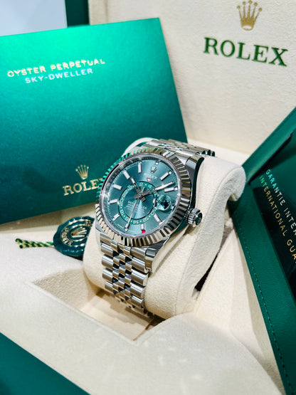 Rolex Sky-Dweller Green Dial 42mm 18K White Gold Fluted Bezel Men's Watch Model# 336934