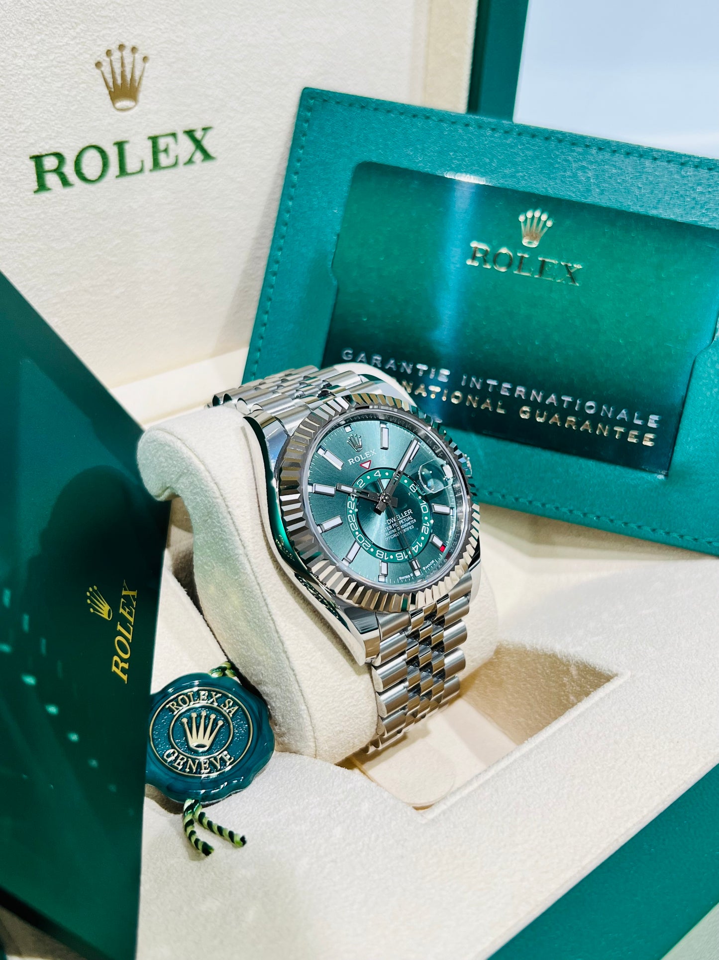 Rolex Sky-Dweller Green Dial 42mm 18K White Gold Fluted Bezel Men's Watch Model# 336934